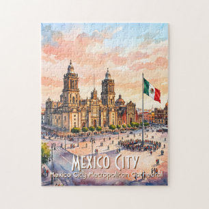 Mexico City Catholic Cathedral Watercolor Travel Jigsaw Puzzle