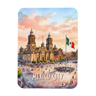 Mexico City Catholic Cathedral Watercolor Travel Magnet