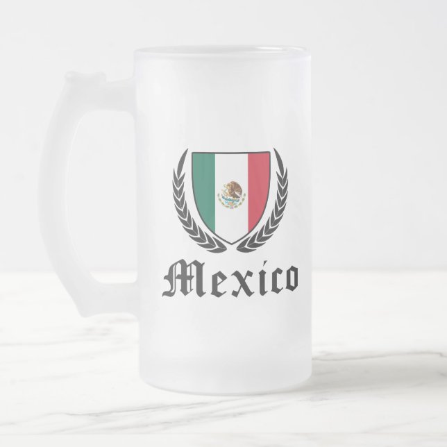 Mexico Crest Frosted Glass Beer Mug (Left)