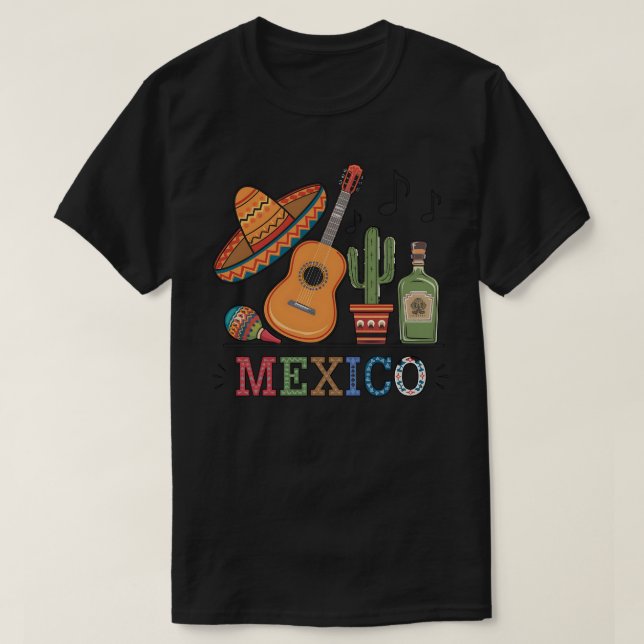 Mexico Fiesta Vibes Sombrero Guitar Cactus Maracas T-Shirt (Design Front)