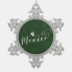 Mexico Flag In Heart, Mexicanos Snowflake Pewter Christmas Ornament