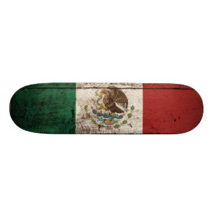 Mexico Flag on Old Wood Grain Skateboard
