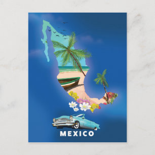 Mexico Map Illustration travel poster. Postcard