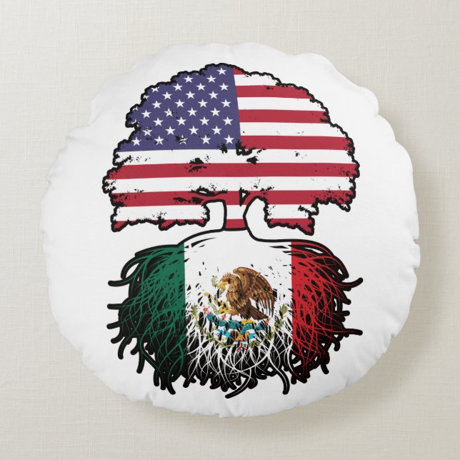 Mexico Mexican American USA Tree Roots Flag Round Cushion (Front)