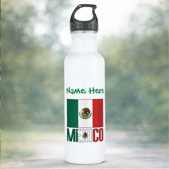 Mexico Mexican Flag Green Personalisation  710 Ml Water Bottle (Personalized water bottle has Mexican Flag and MEXICO. Add a name in green text above the flag.)