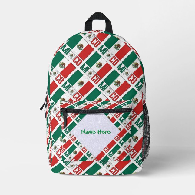 Mexico Mexican Flag Tiled Green Personalisation Printed Backpack (Front)