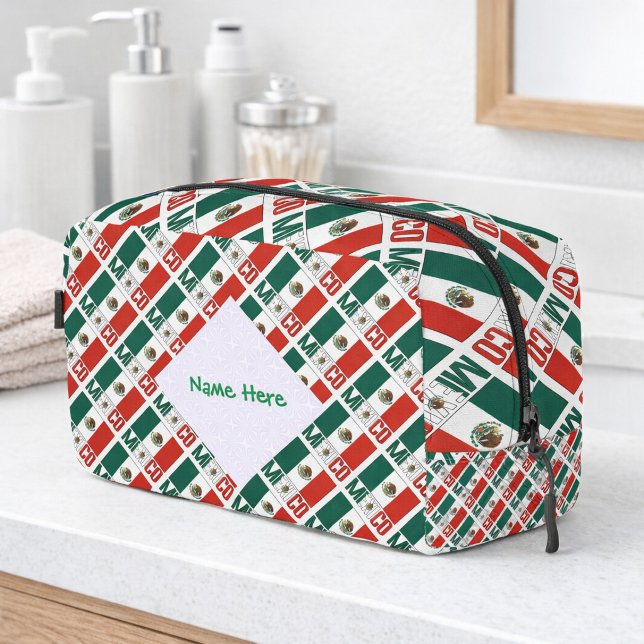 Mexico Mexican Flag Tiled Personalised Green Name Dopp Kit (Personalized dopp kit has tiled Mexican Flag and MEXICO. White fractal for name in green text.)