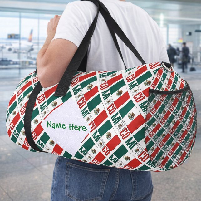 Mexico Mexican Flag Tiled Personalised Green Name Duffle Bag (Personalized duffel bag has tiled Mexican Flag and MEXICO in flag colors. White fractal for name.)