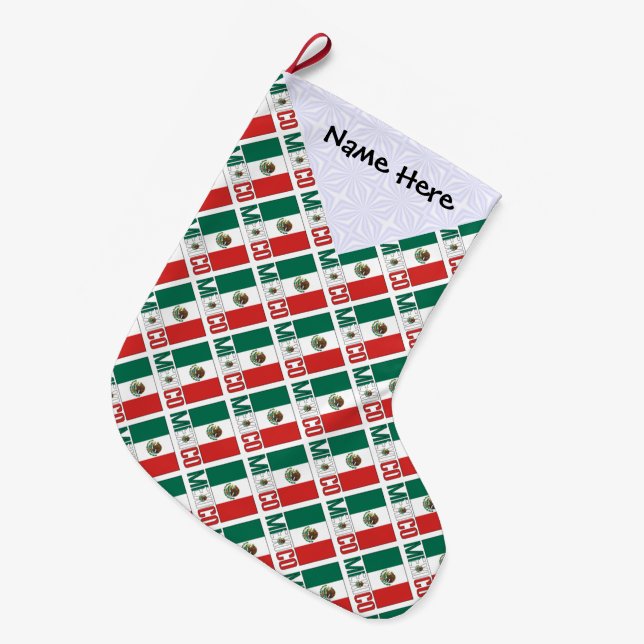 Mexico Mexican Flag Tiled Personalised Name Large Christmas Stocking (Front (Hanging))
