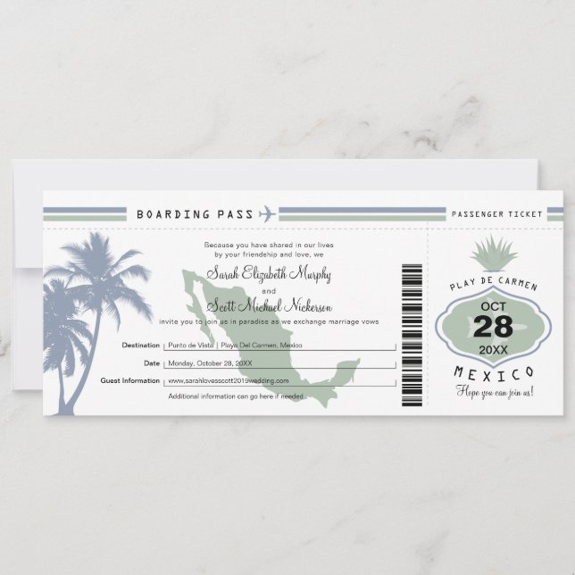 Mexico Palm Tree Agave Boarding Pass Wedding Invitation (Front)