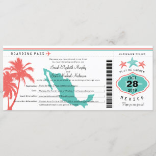 Mexico Palm Tree Starfish Boarding Pass Wedding Invitation