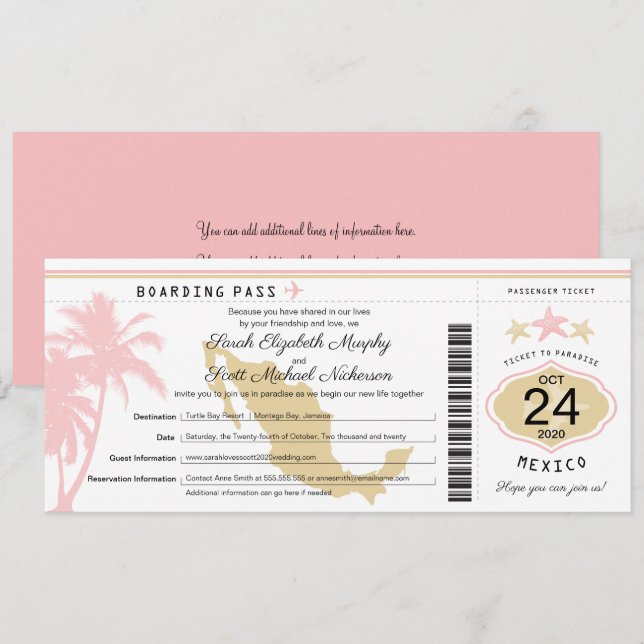Mexico Pink Gold Boarding Pass Wedding Invitation (Front/Back)