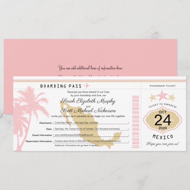 Mexico Pink Gold Boarding Pass Wedding Invitation (Front/Back)
