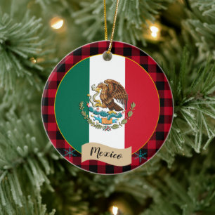 Mexico, Red buffalo plaid & Mexican Flag Ceramic Tree Decoration