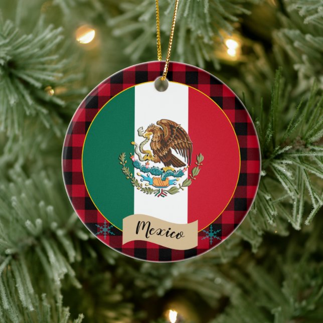 Mexico, Red buffalo plaid & Mexican Flag Ceramic Tree Decoration (Tree)