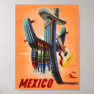 Mexico Retro Vintage Travel Poster with Cactus