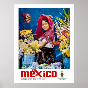 Mexico, smiling girl with flowers, vintage, travel poster
