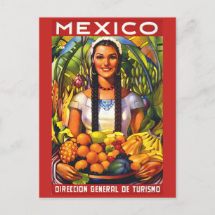 Mexico, smiling woman with tropic fruits, vintage postcard