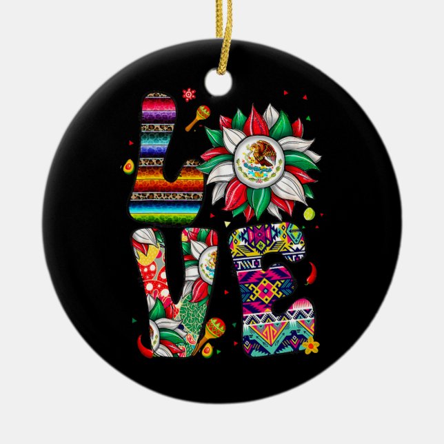 Mexico Sunflower Love With Mexican Flag Latinx Ceramic Tree Decoration (Front)