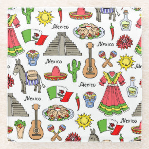 Mexico   Symbols Pattern Glass Coaster