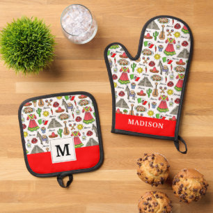 Mexico   Symbols Pattern Oven Mitt & Pot Holder Set