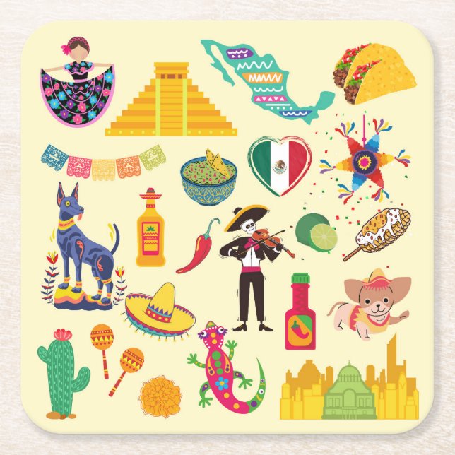 Mexico Symbols Square Paper Coaster (Front)