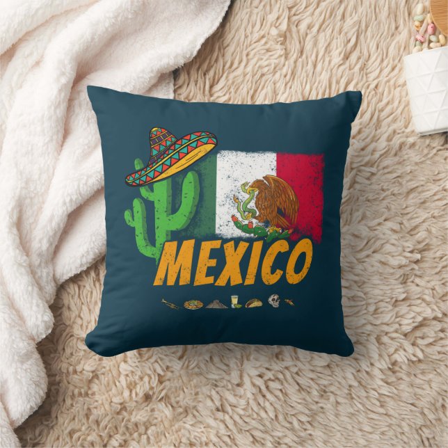 Mexico Vintage Cactus With Flag Sombrero Souvenir Cushion (Blanket)