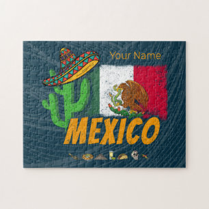 Mexico Vintage Cactus With Flag Sombrero Souvenir Jigsaw Puzzle