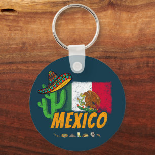 Mexico Vintage Cactus With Flag Sombrero Souvenir Key Ring