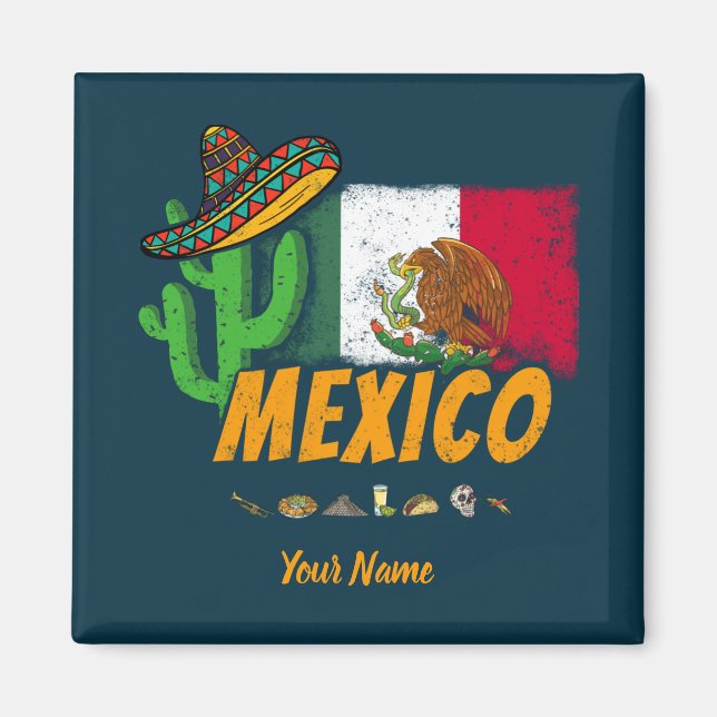 Mexico Vintage Cactus With Flag Sombrero Souvenir Magnet (Front)