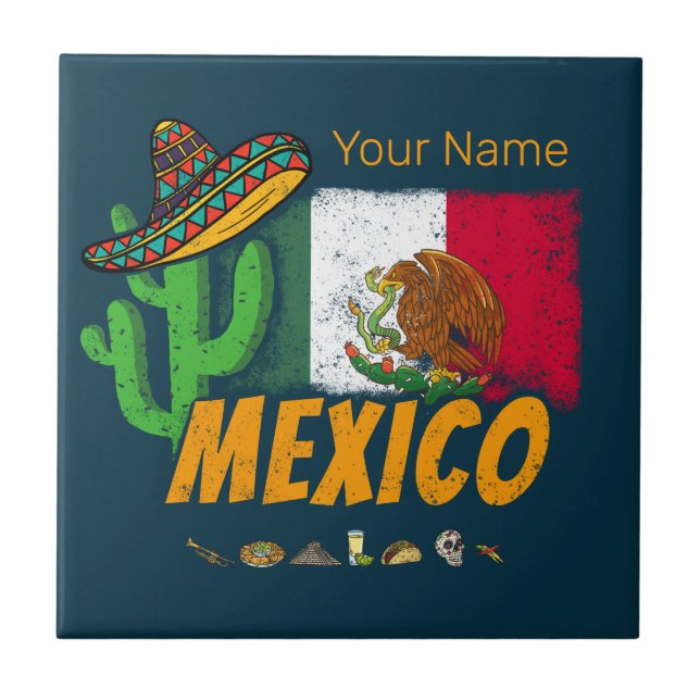 Mexico Vintage Cactus With Flag Sombrero Souvenir Tile (Front)
