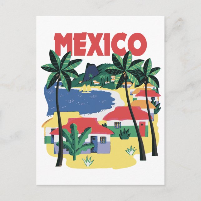 Mexico vintage travel with beach scene postcard (Front)