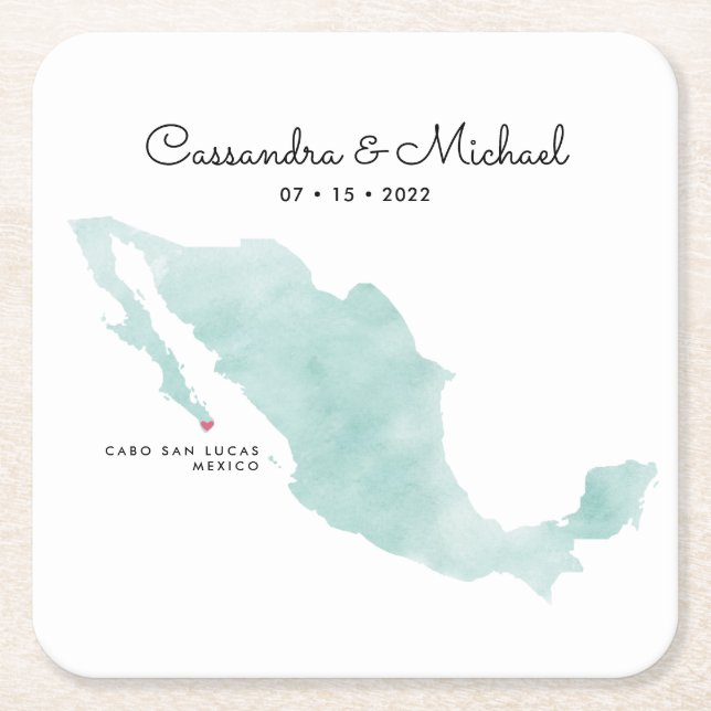 Mexico Watercolor Map | Cabo | Destination Wedding Square Paper Coaster (Front)