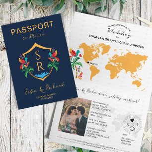 Mexico Wedding Destination Passport Crest Palm Invitation