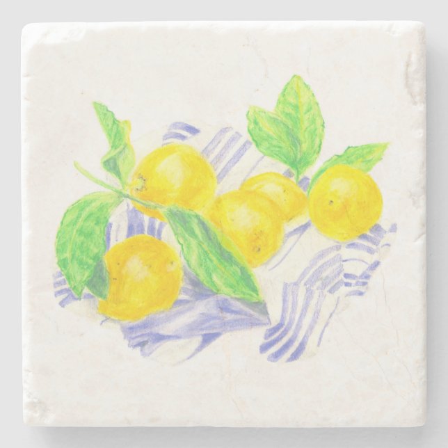 Meyer lemons on kitchen towel stone coaster (Front)