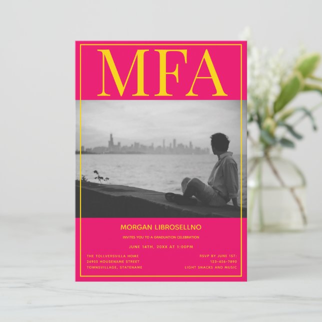 MFA Pink Yellow Photo Graduation Invitation (Standing Front)