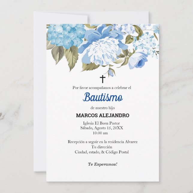 Mi Bautizo Blue Floral/light blue Invitation (Front)