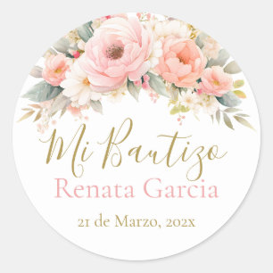 Mi Bautizo flores rosas Classic Round Sticker