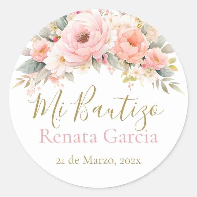 Mi Bautizo flores rosas Classic Round Sticker (Front)
