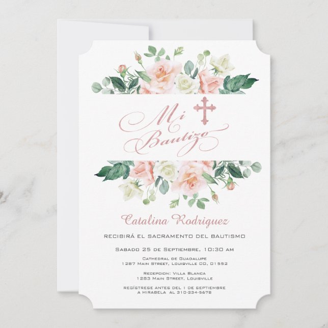 Mi Bautizo Invitacion Blush White Floral Baptism Invitation (Front)