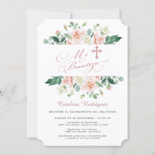 Mi Bautizo Invitacion Blush White Floral Baptism Invitation