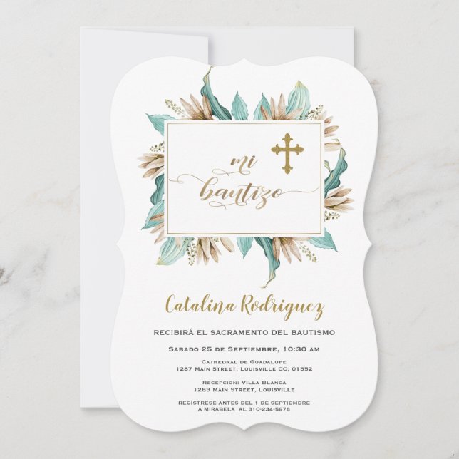 Mi Bautizo Invitacion Ivory Mint Floral Baptism Invitation (Front)