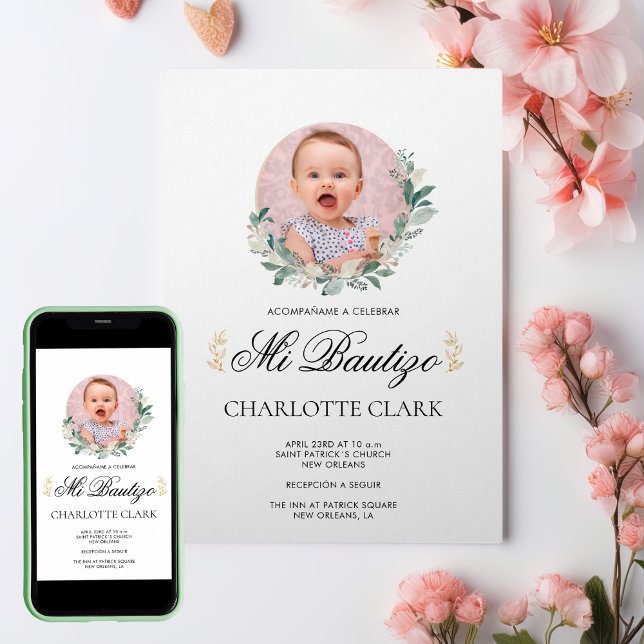 Mi Bautizo Photo Botanical Spanish Elegant Invitation (Mi Bautizo Photo Botanical Spanish Elegant Invitation)