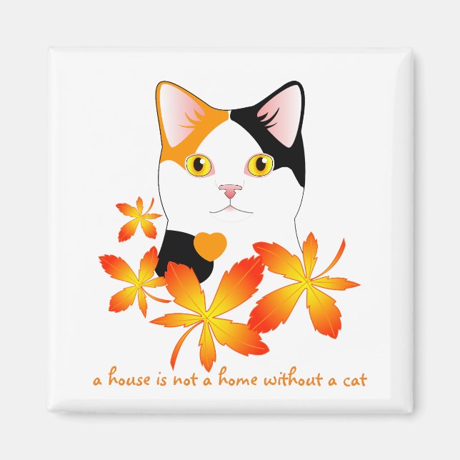 Mi-Ke Japanese Bobtail Cat Maple Leaves Cute Art Magnet (Front)