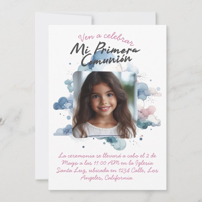 Mi Primera Comunión con foto Spanish Watercolor Invitation (Front)