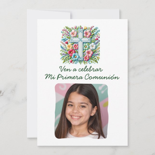 Mi Primera Comunión Cruz & Flores con foto  Invitation (Front)