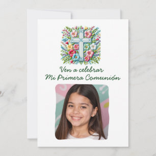 Mi Primera Comunión Cruz & Flores con foto Invitation