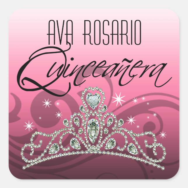 Mi Quinceañera Sparkling Tiara (pink) Party Square Sticker (Front)