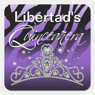 Mi Quinceañera Sparkling Tiara Zebra Square Sticker