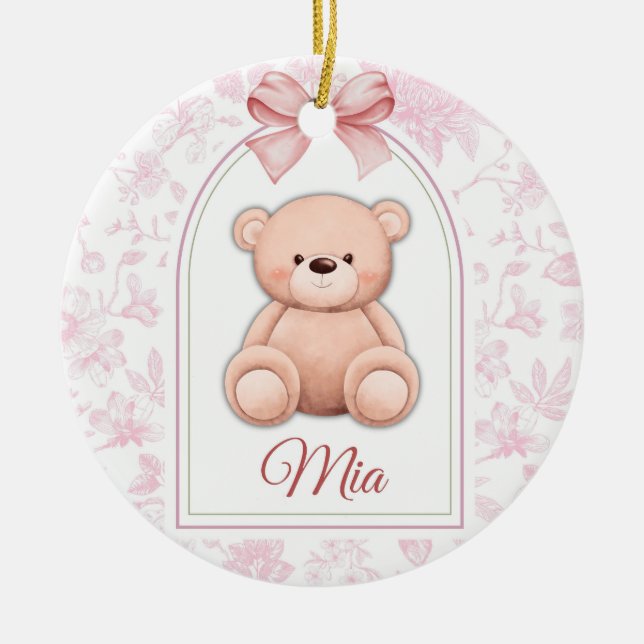 Mia | Custom Pink Teddy Bear Nursery Design  Ceramic Tree Decoration (Front)